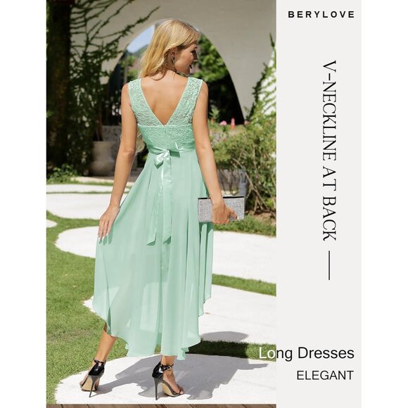 BeryLove Women Light Green Chiffon Scoop Neck Sleeveless Lace Cocktail Dress - Picture 3 of 7